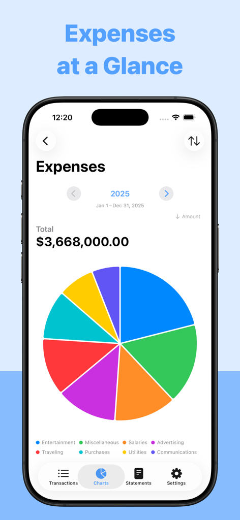 Small Business Accounting 2 - A colorful pie chart showing a breakdown of business expenses by category in the Small Business Accounting 2 app.