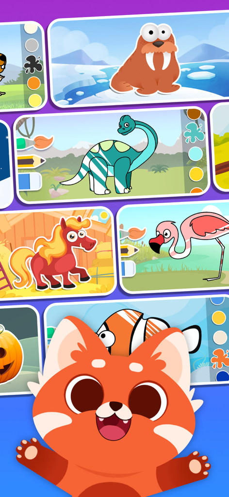 Puzzles & Colors: Kids Games - Collage de puzzles de animales y pantallas de colorear de la aplicación Puzzles y Colores para niños.