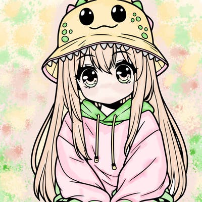 girl with anime shaped eyes with a dinosaur bucket hat oversized sweatshirt long straight hair