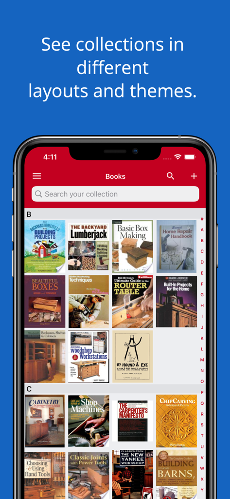 iCollect Books: Library List - A mobile app interface displaying a digital library with book cover thumbnails in a grid layout.