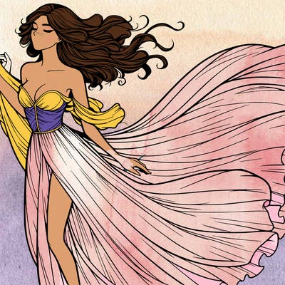 realistic woman in dress flowing the the wind