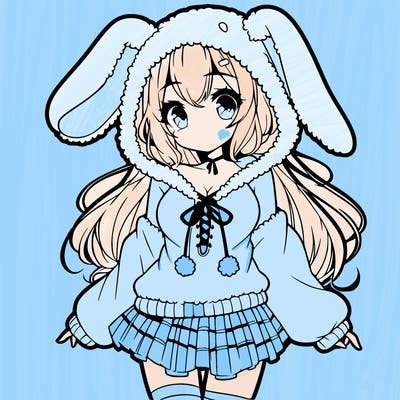 pretty anime girl wearing a fluffy hoodie with bunny ears on the hood and a skirt
