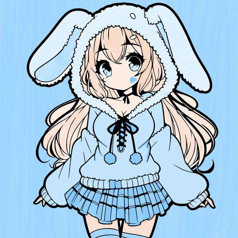 pretty anime girl wearing a fluffy hoodie with bunny ears on the hood and a skirt