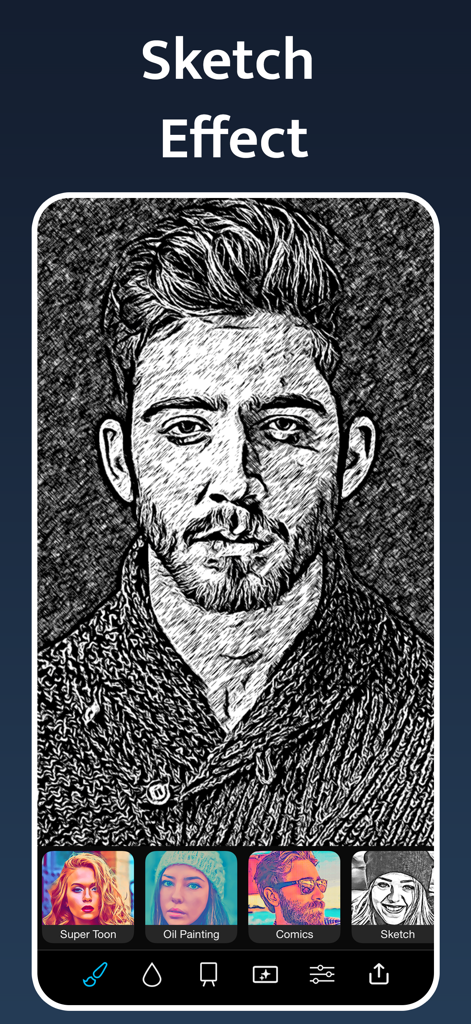 Retrato masculino con un filtro de boceto detallado en blanco y negro aplicado dentro de la interfaz de la aplicación Instant Toon