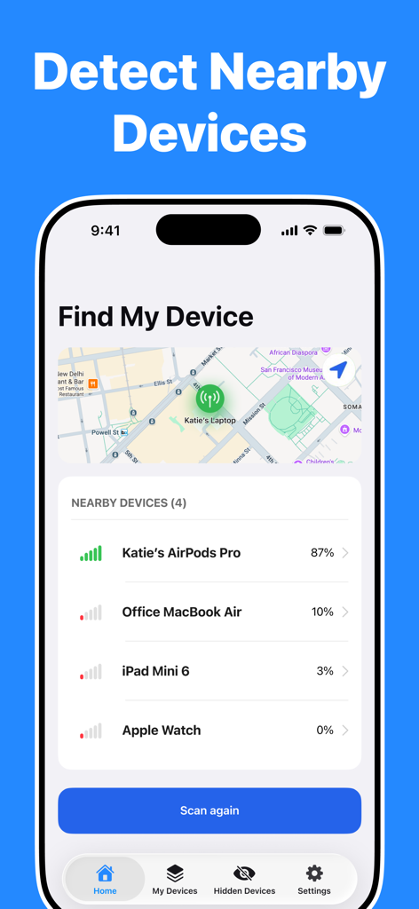 信号強度インジケーター付きのAirPodsやMacBookなどの近くのBluetoothデバイスのリストとマップを表示するモバイルアプリインターフェース