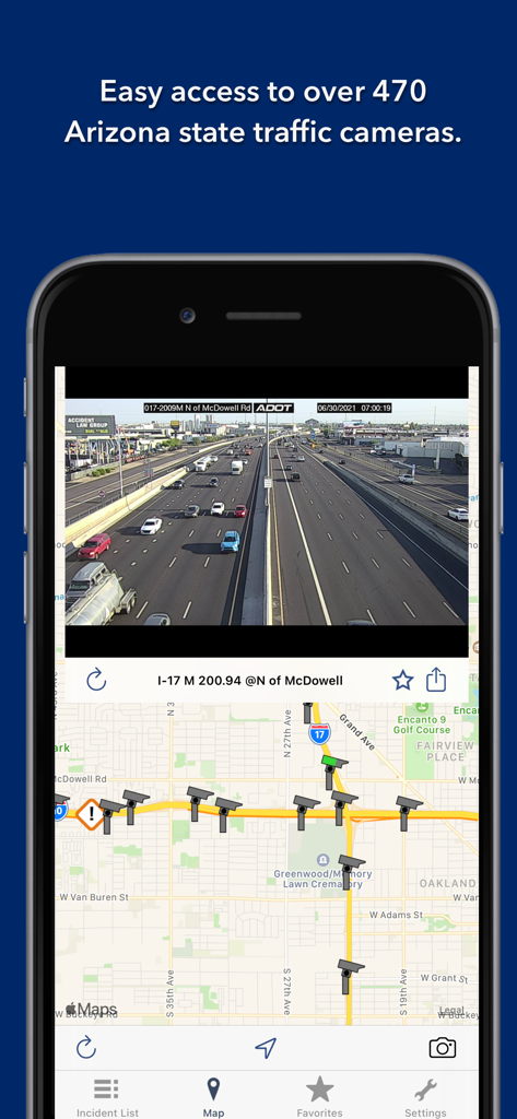 Arizona State Roads app interface showing a live traffic camera feed on I-17 and a map view with camera and incident icons.