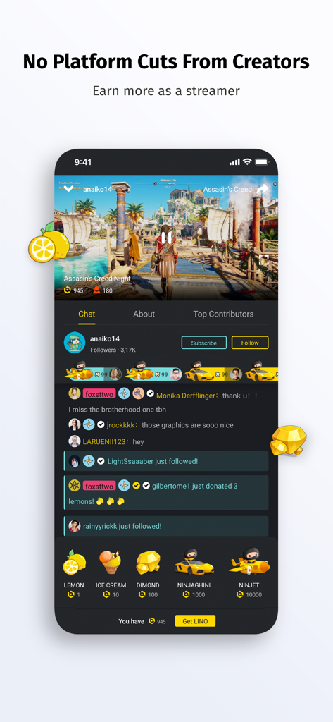 DLive · Your Stream Your Rules - Interfaz de la aplicación móvil DLive mostrando una transmisión de juego en vivo con chat comunitario e iconos de recompensas como limones y diamantes