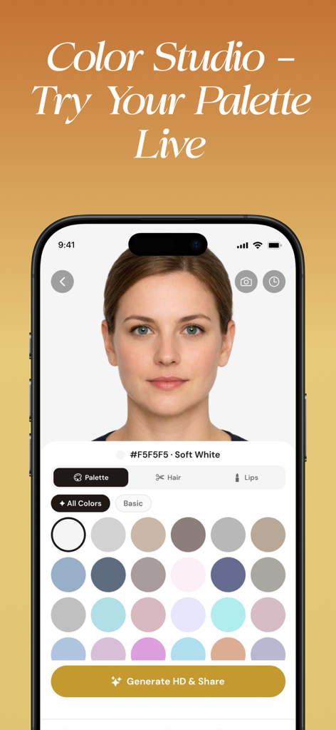 HueCheck: Color Analysis AI - A mobile app interface showing HueCheck's Color Studio where a user can virtually try on different seasonal color palettes on their selfie.