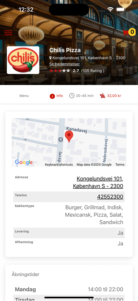 Chilis Pizza - Chilis Pizza app info screen showing restaurant location map and contact details