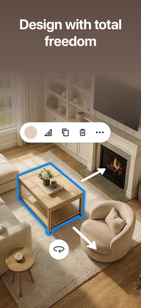 A 3D mobile app interface showing a living room layout with a selected coffee table and furniture editing tools
