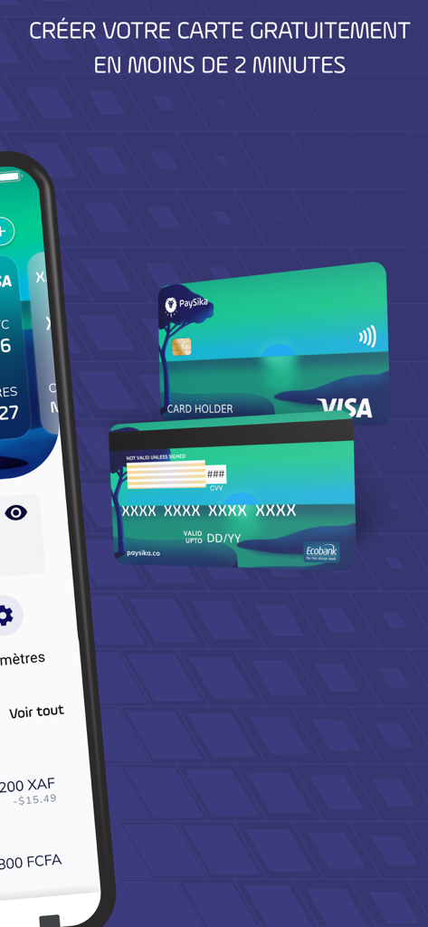 PaySika mobile app interface displaying virtual Visa cards and a message to create a card for free in under two minutes