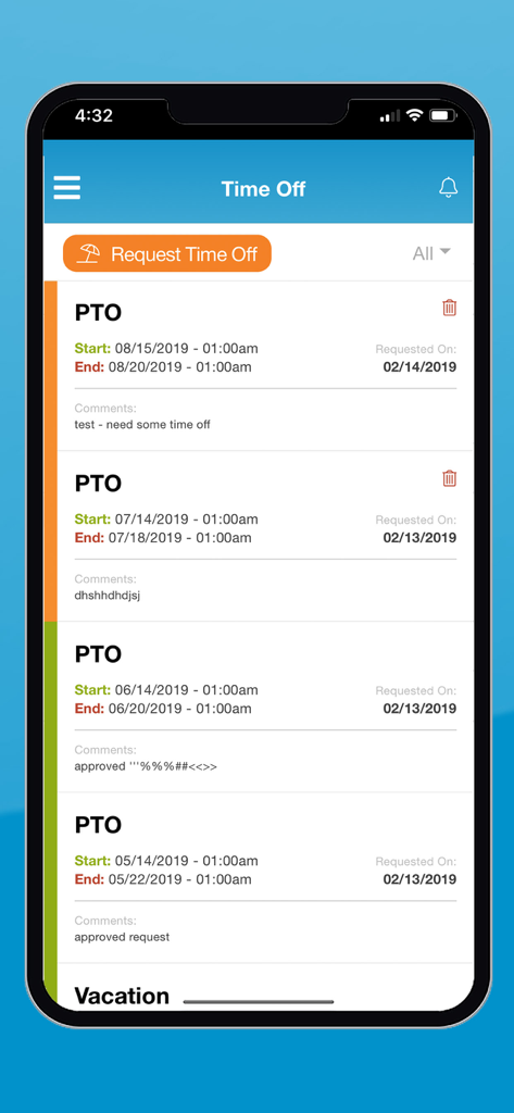 SmartLinx Go mobile app screen showing a list of PTO and time off requests for healthcare employees.
