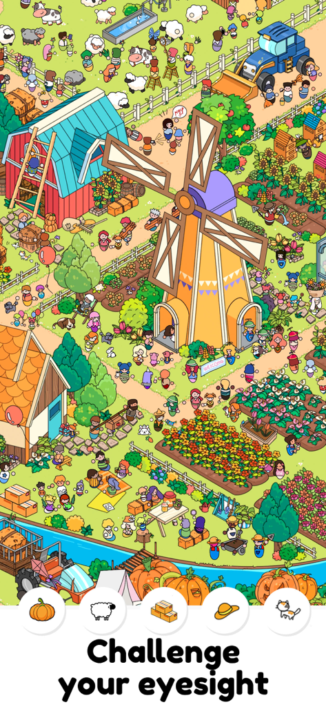 Find It: Hidden Objects Game - Eine lebendige Cartoon-Bauernhofkarte im Find It Hidden Objects Game mit einer großen Windmühle und einer Liste von zu findenden Gegenständen.