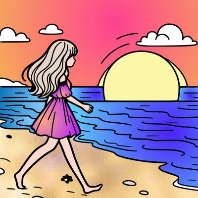 girl walking on beach at sunset