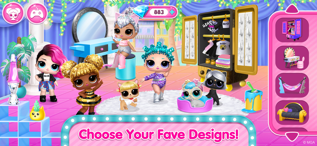 LOL Surprise dolls in a room with furniture and decoration options