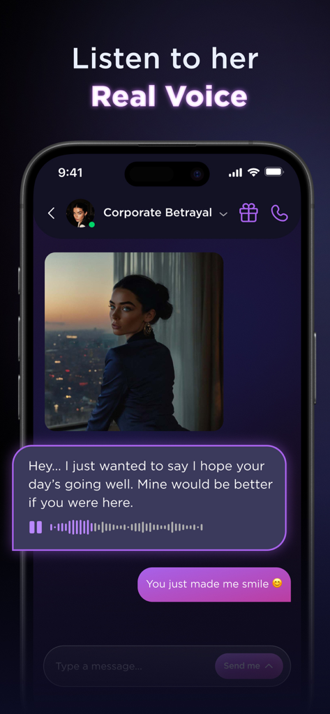 Lovevo: AI Roleplay Platform - Interfaz de la aplicación de roleplay con IA Lovevo que muestra un personaje enviando un mensaje de audio y una foto en un chat privado.