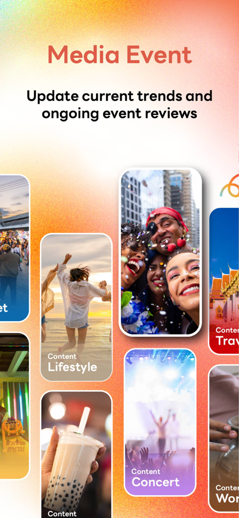 Eventpass - Eventpass app screen showcasing lifestyle concert and travel content for event reviews