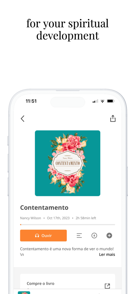 Pilgrim: audiobooks and ebooks - Pilgrim app interface showing a Christian audiobook titled Contentamento for spiritual development
