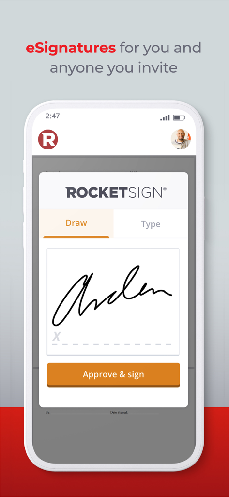 Rocket Lawyer Legal & Law Help - Rocket Lawyer app interface showing the RocketSign tool to draw an electronic signature on a legal document.