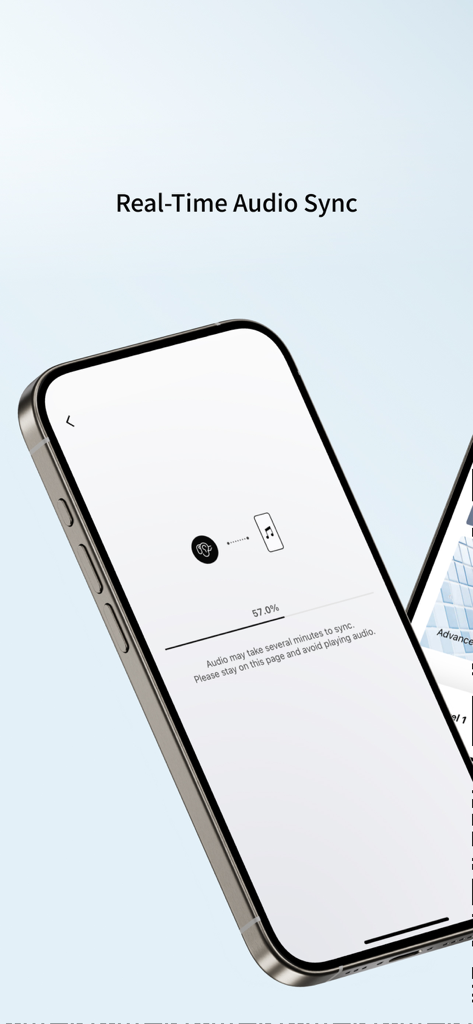 Smartphone screen showing the Shokz app real-time audio synchronization progress bar at 57 percent.