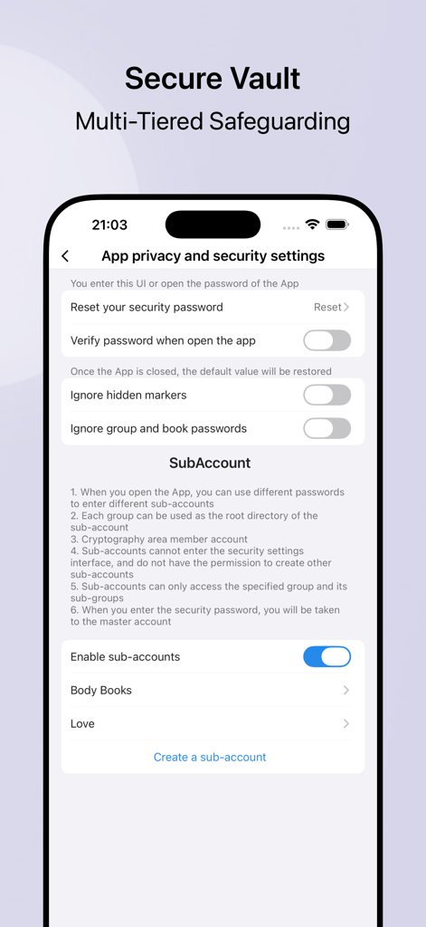iReadNote - Interfaz de la aplicación iReadNote de configuración de privacidad y seguridad mostrando la bóveda segura y las funciones de gestión de subcuentas.