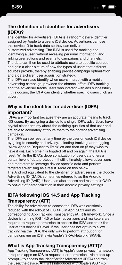 Una pantalla informativa de la aplicación IDFA ATT que explica la definición e importancia de IDFA y App Tracking Transparency.