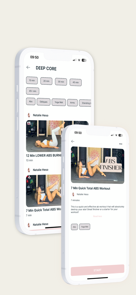 Savage by Natalie Heso fitness app interface showing core and ab workout routines