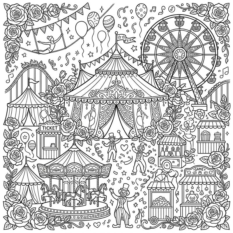 Step into a whimsical world where the thrill of the carnival meets the delicate beauty of pink roses in this engaging coloring page. This intricate design promises a delightful artistic journey for all ages, bursting with festive fairground attractions.