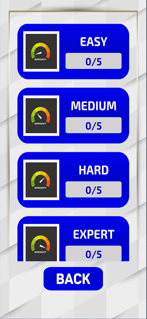 Pantalla de selección de dificultad de BrandMaster Logo Quiz con los niveles Fácil Medio Difícil y Experto