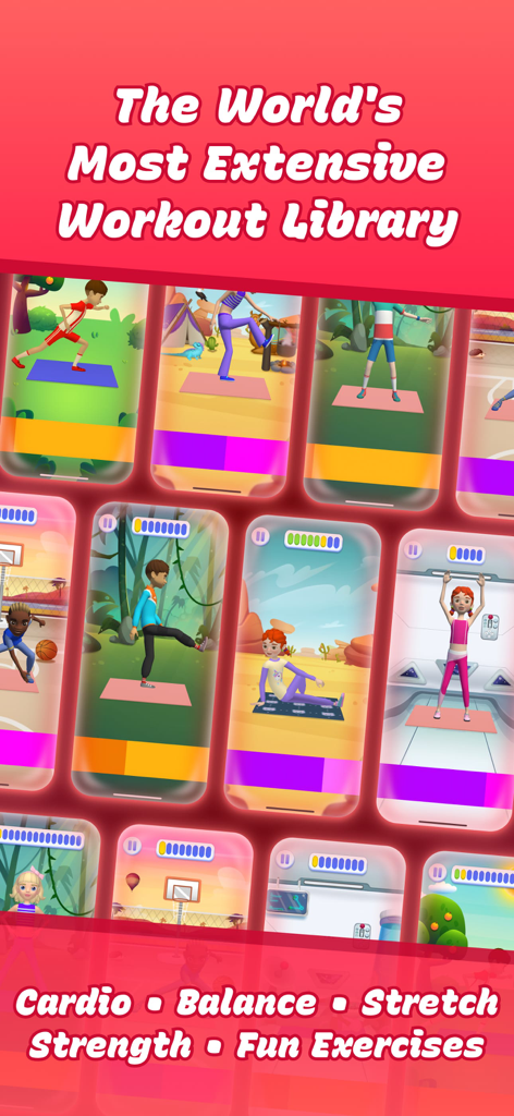 Kids Workout & Fitness - A variety of kids workout screens featuring cardio balance stretch and strength exercises