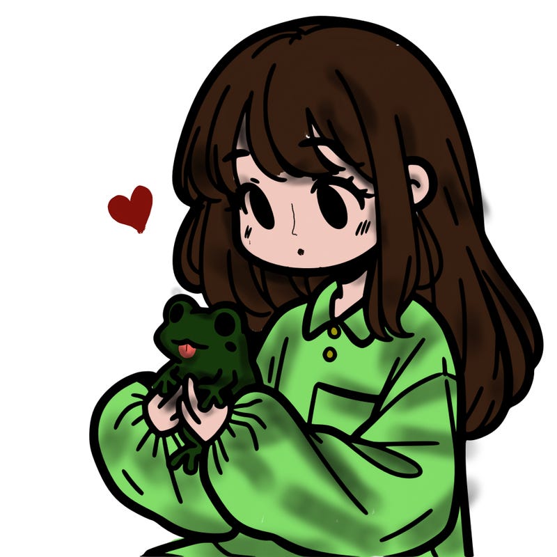 girl with long hair and a oversized shirt. and she is holding a frog