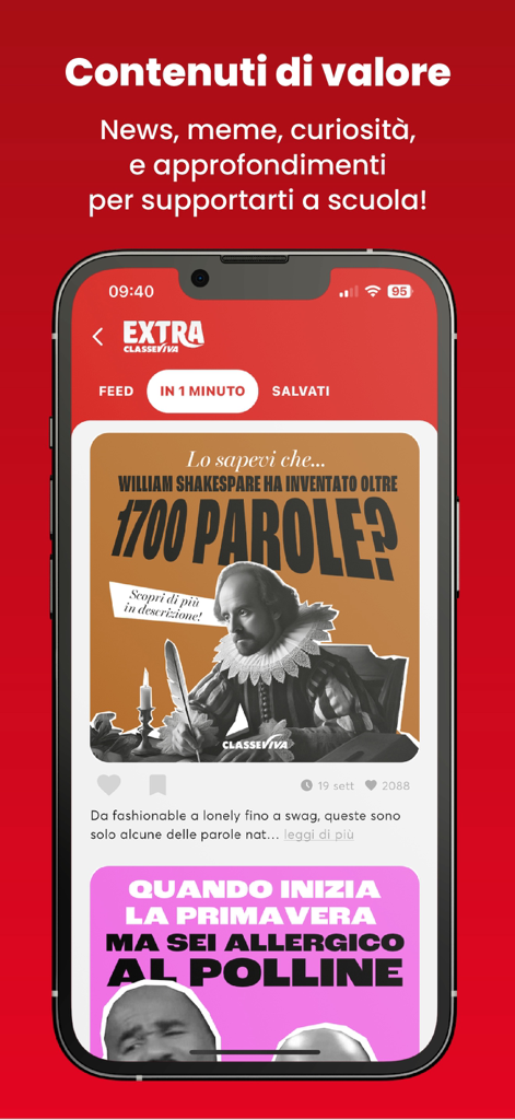 ClasseViva Extra - Uno schermo di smartphone che mostra il feed dell'app ClasseViva Extra con fatti educativi e meme per studenti.