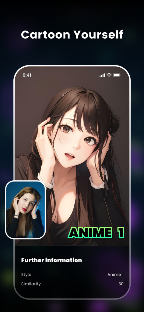 Screenshot of GoArt app showing the Cartoon Yourself feature with an Anime filter applied to a portrait