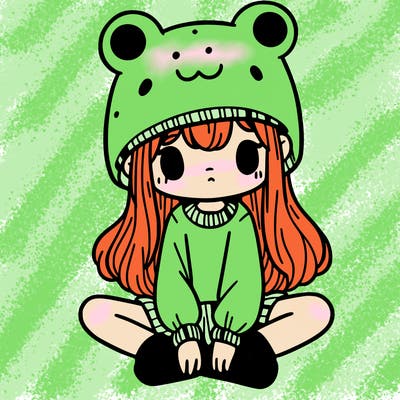 a girl wearing a frog hat and some frog socks