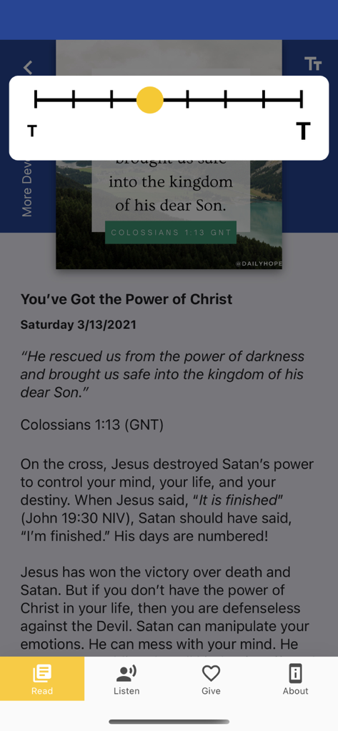 Daily Hope - Daily Hope app interface showing a text size adjustment slider over a daily devotional for better readability