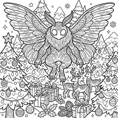 Dive into a wonderfully peculiar holiday season with this intricate adult coloring page featuring the legendary Mothman. Surrounded by festive Christmas trees, presents, and enchanting reindeer, this design promises hours of creative relaxation.