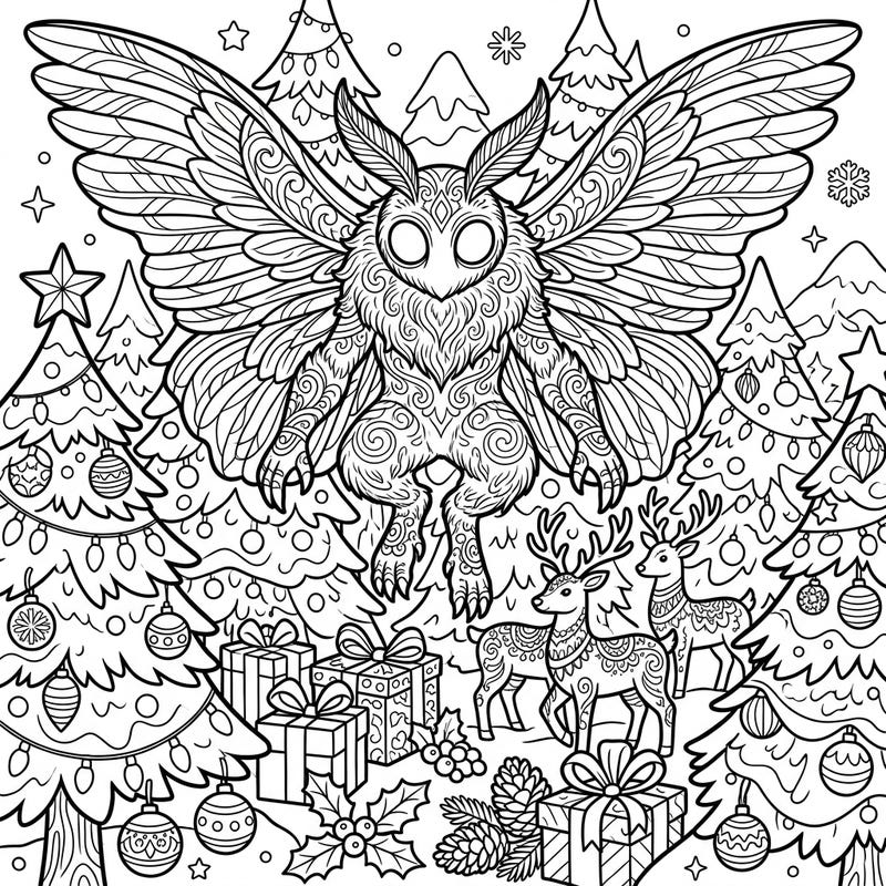 Dive into a wonderfully peculiar holiday season with this intricate adult coloring page featuring the legendary Mothman. Surrounded by festive Christmas trees, presents, and enchanting reindeer, this design promises hours of creative relaxation.