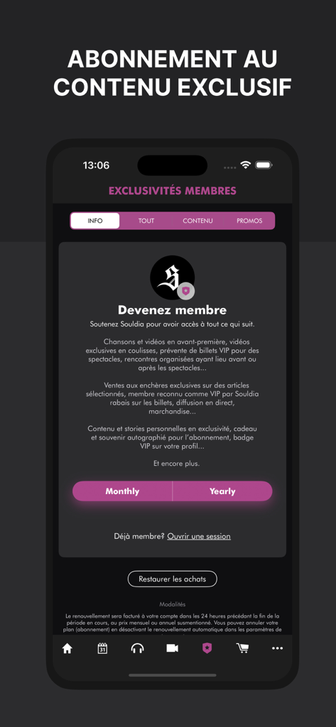 Souldia - Official App - Pantalla de suscripción de la app oficial de Souldia ofreciendo beneficios exclusivos para miembros con opciones de planes mensuales y anuales