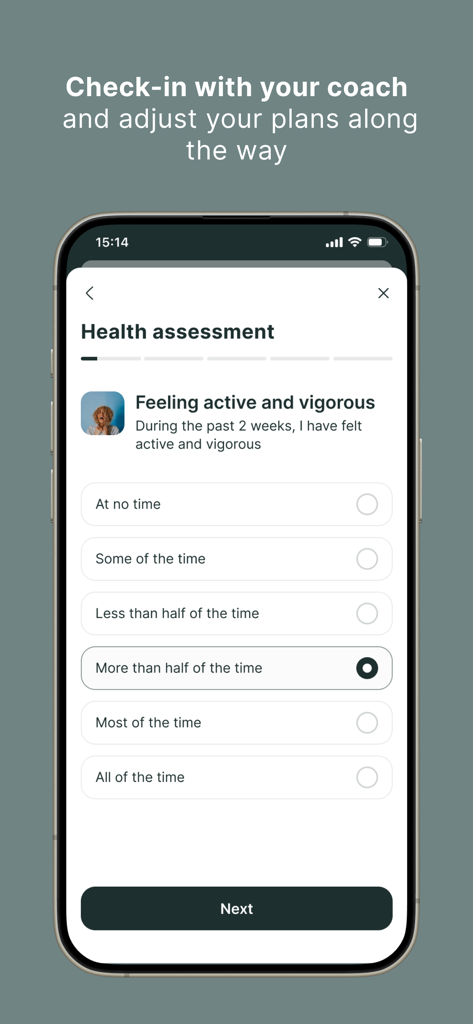 A health assessment survey screen in the Lenus eHealth app for checking in with a personal coach.