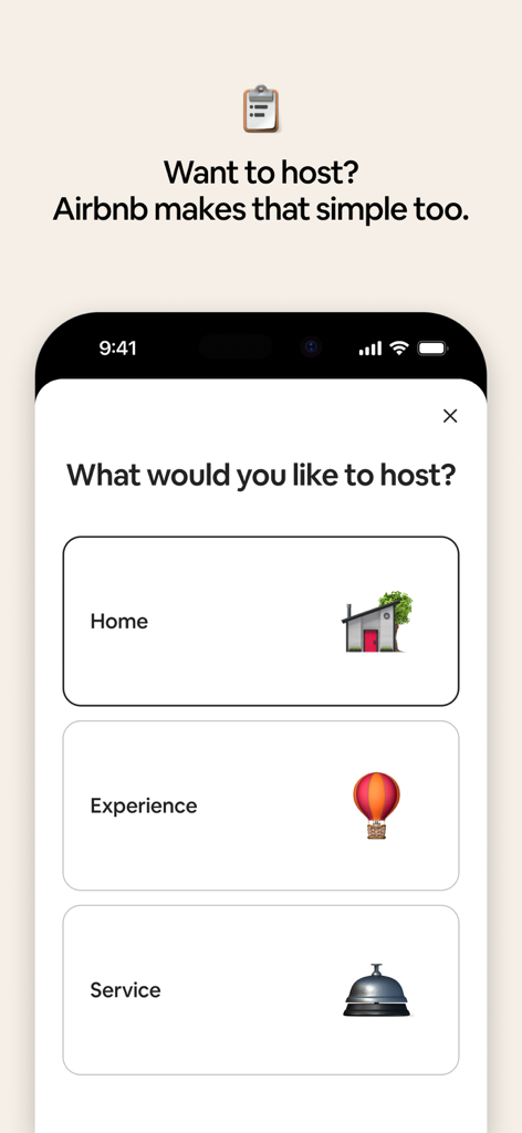 Airbnb app interface showing options to host a home, an experience, or a service.