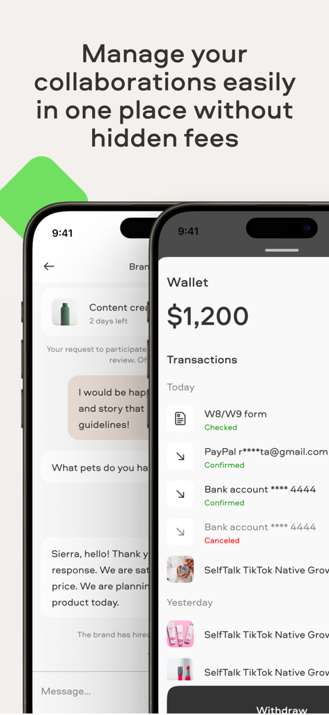 Benutzeroberfläche der Insense-App mit Wallet-Einnahmen und Chat für Marken-Kollaborationen