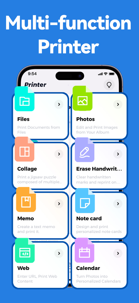 Smart Printer App-Print & Scan - iPhone screen displaying multi-function printer app options including file and photo printing