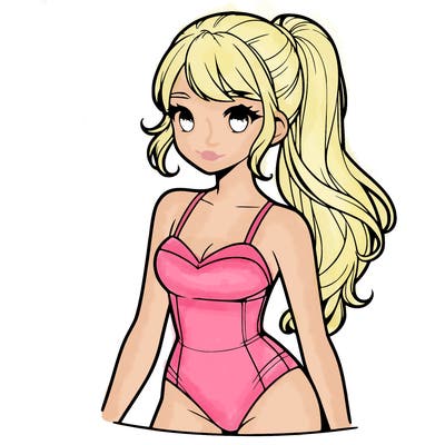 realistic teenage girl in a swimsuit with a ponytail