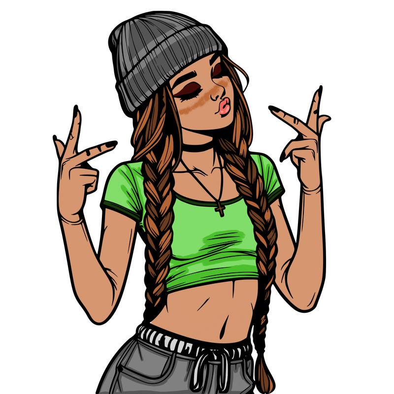 realistic teenage girl with braids and a beanie and crop top doing 🫶🏼
