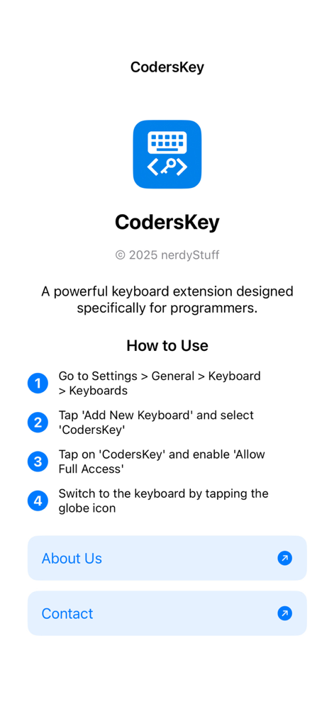CodersKey - Setup guide for the CodersKey keyboard extension showing how to enable it in iOS settings