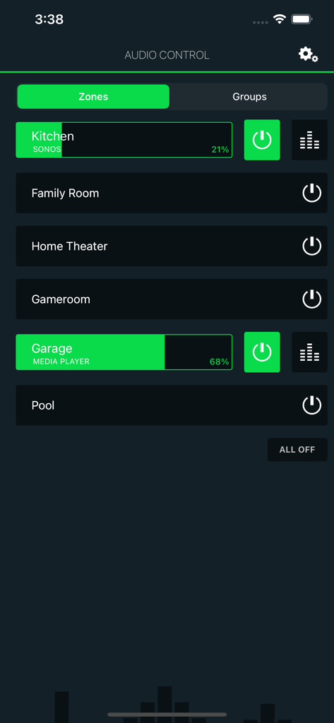 Monoprice Whole Home Audio - Monoprice Whole Home Audio app interface showing multi zone volume and power controls for various rooms