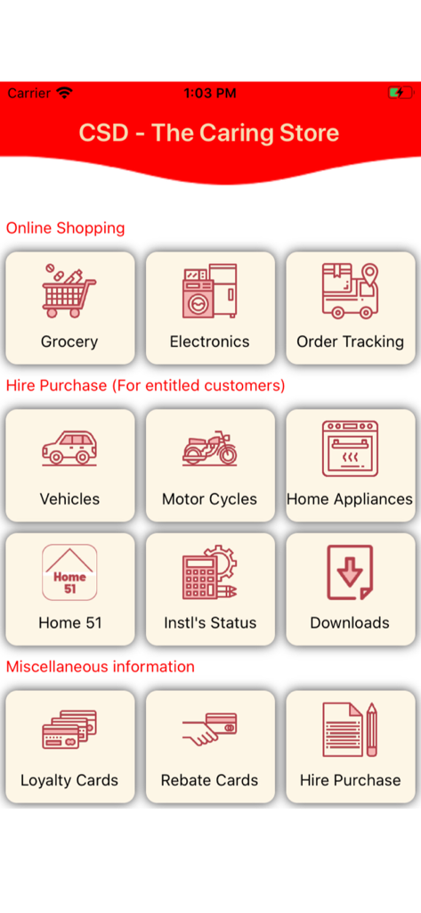 CSD Pakistan app home screen showing categories for online shopping, hire purchase, and loyalty cards.