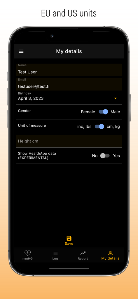 Écran des paramètres du profil utilisateur dans l'application Systolic montrant les options pour les détails personnels et les unités de mesure.