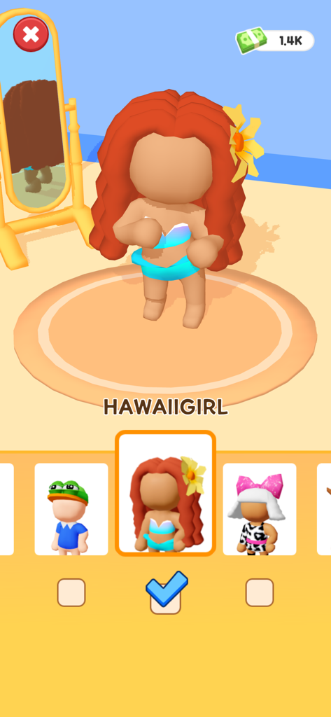 My Toy Shop! - Charakteranpassungsbildschirm im Spiel Mein Spielzeugladen, der die Auswahl eines Hawaii-Mädchen-Outfits zeigt