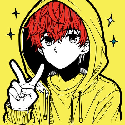teenage manga boy in a hoodie, doing ✌
